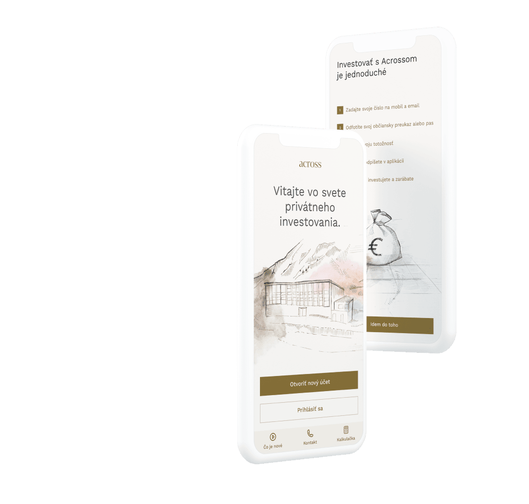 Úvodné obrazovky aplikácie Across Connect — privítanie a otvorenie účtu