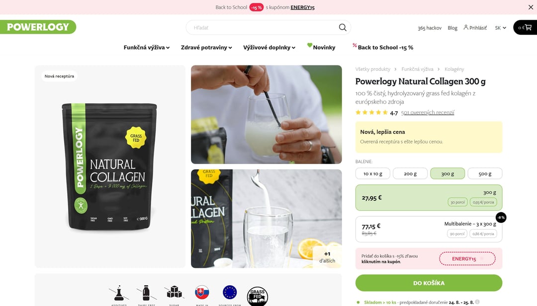 Produktová stránka Powerlogy Natural Collagen — galéria, výber balenia a multibalenie priamo pri cene