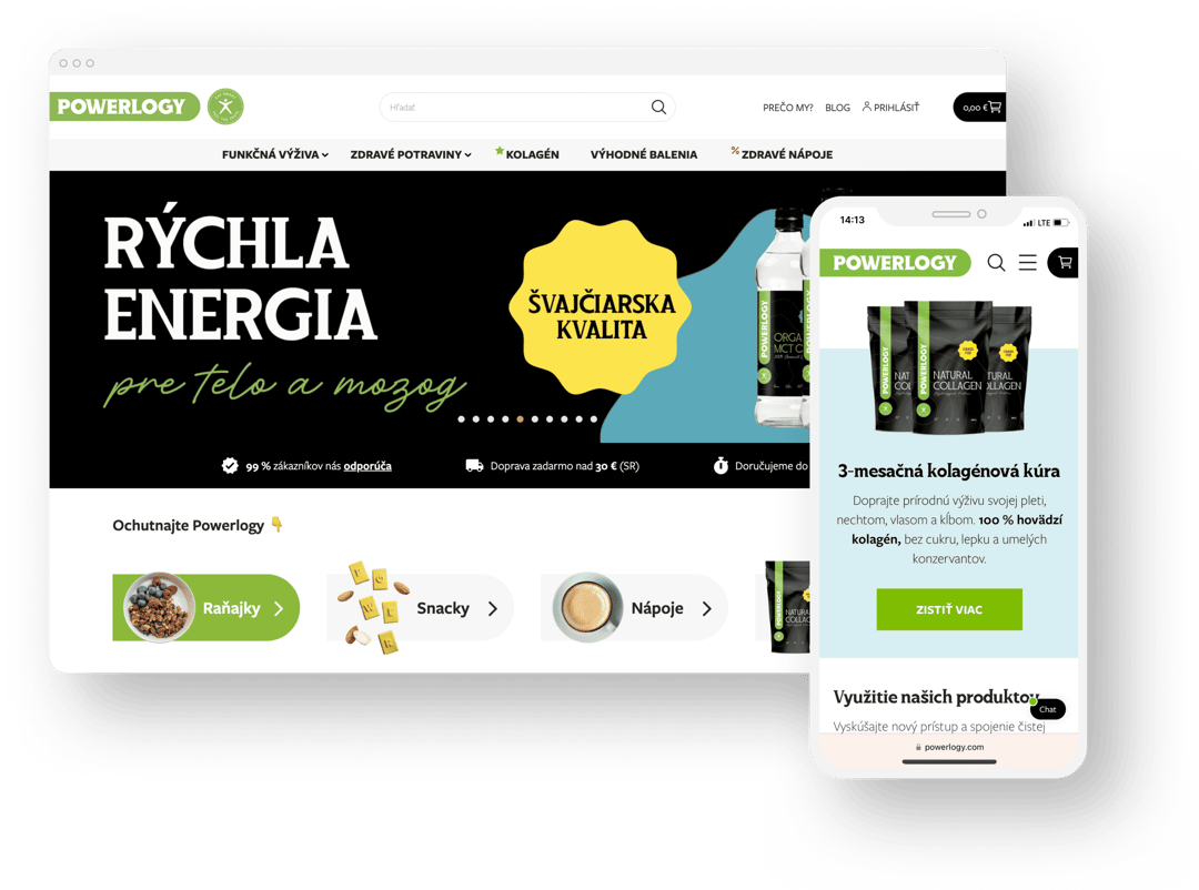 E-shop Powerlogy na notebooku a mobile — úvodná stránka s kategóriami raňajok, snackov a nápojov