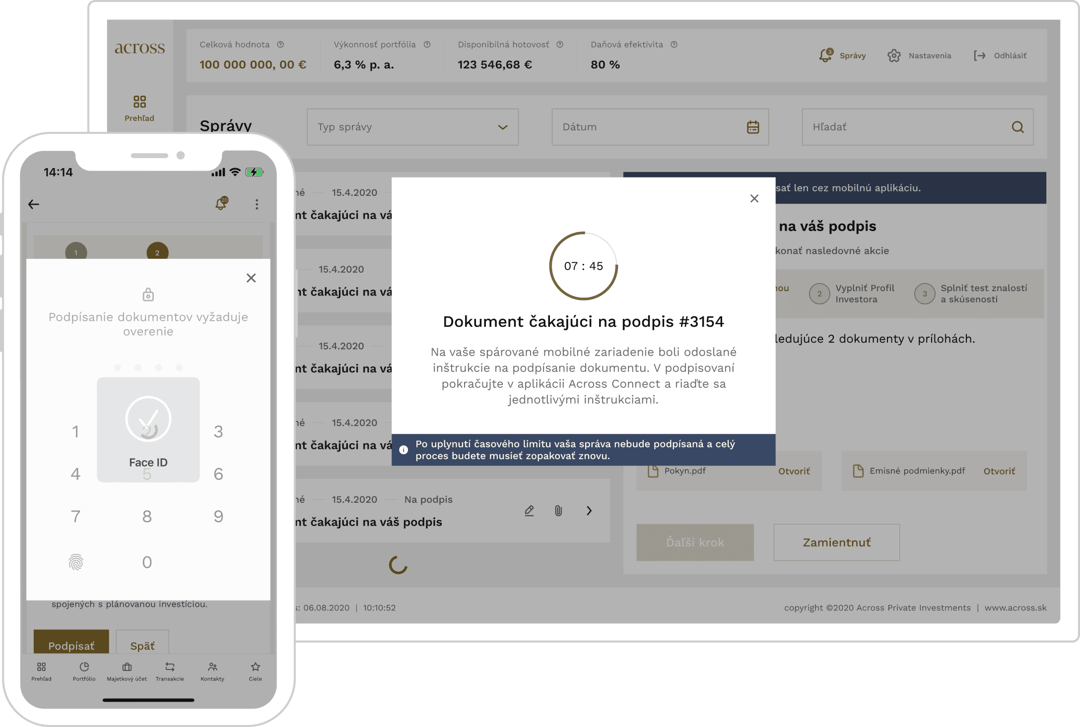 Podpisovanie dokumentu — overenie cez Face ID alebo PIN v aplikácii a stav podpisu v Online účte