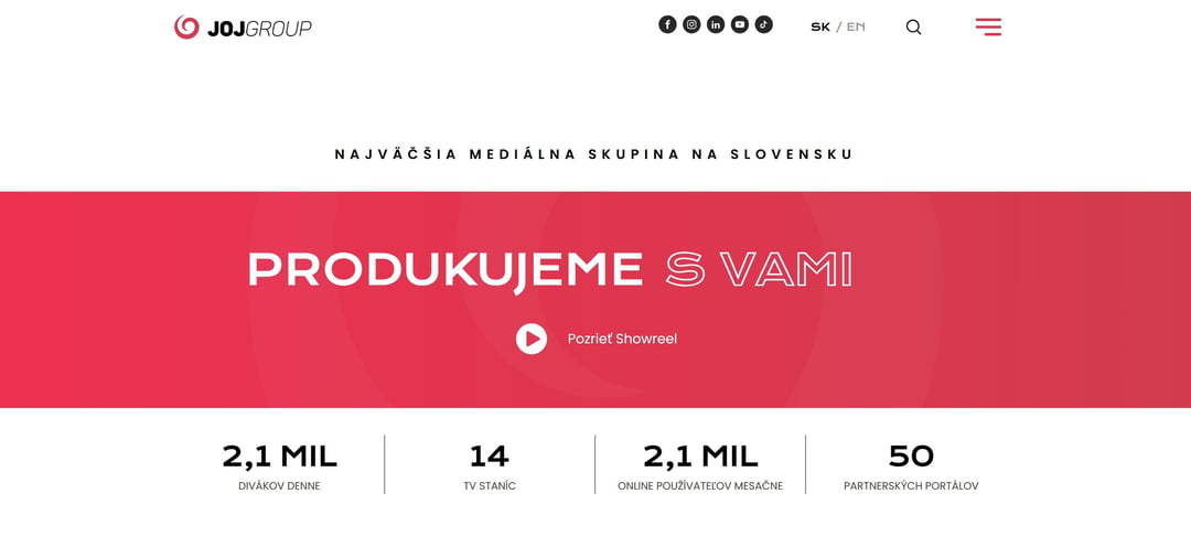 Úvodná stránka jojgroup.sk — hero s rotujúcim nadpisom a pás čísel o dosahu skupiny
