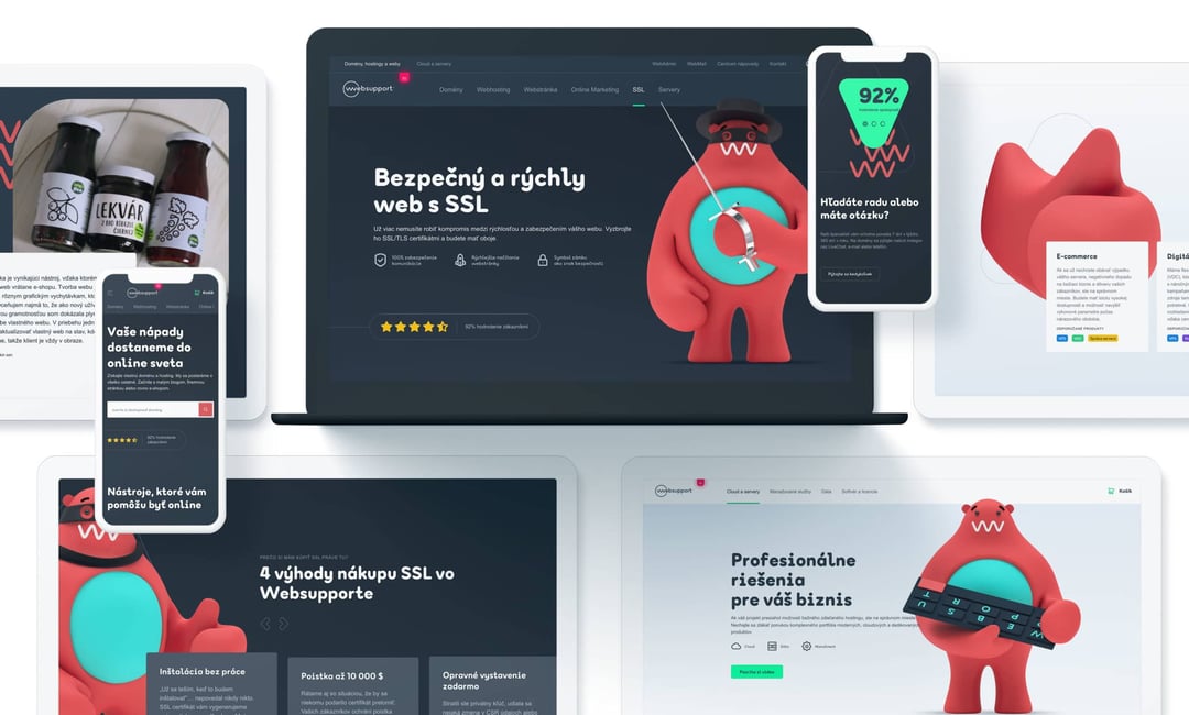 Montáž obrazoviek webu Websupport — tmavé a svetlé podstránky na notebooku a mobiloch