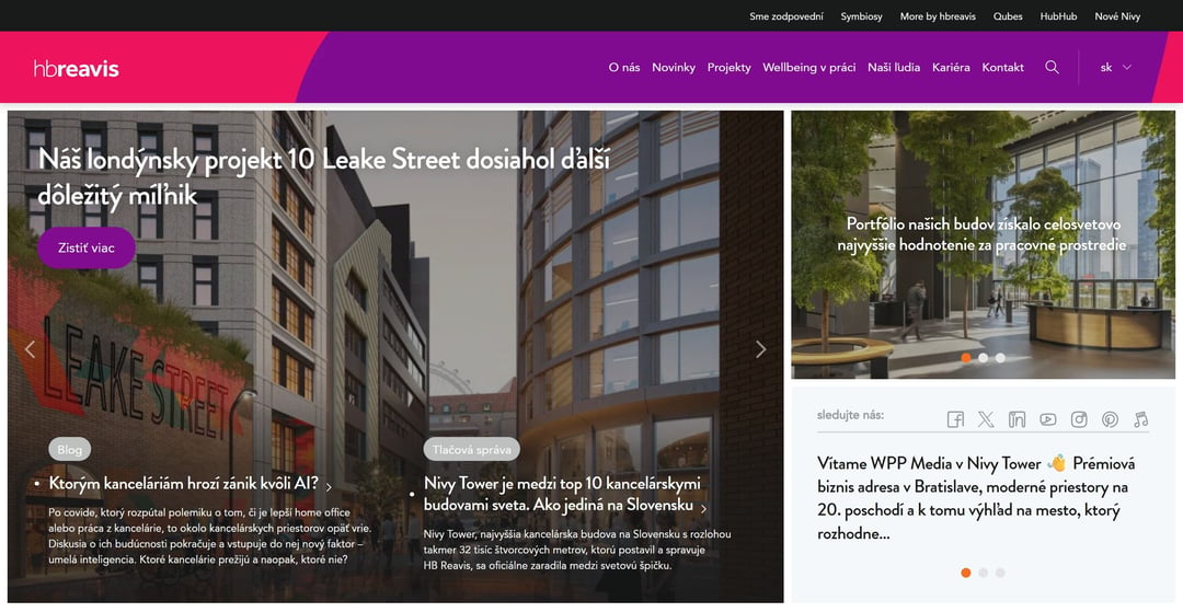 Úvodná stránka hbreavis.com — hero s novinkami a bočný panel so sociálnymi sieťami