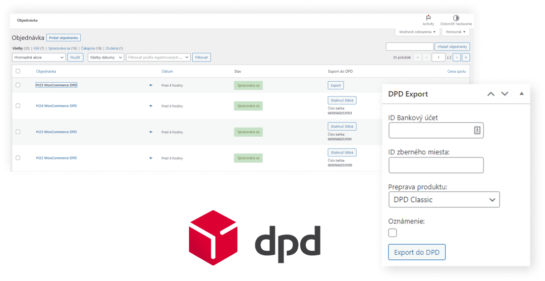 Plugin DPD vo WooCommerce — zoznam objednávok so stĺpcom Export do DPD a panel DPD Export s výberom prepravnej služby
