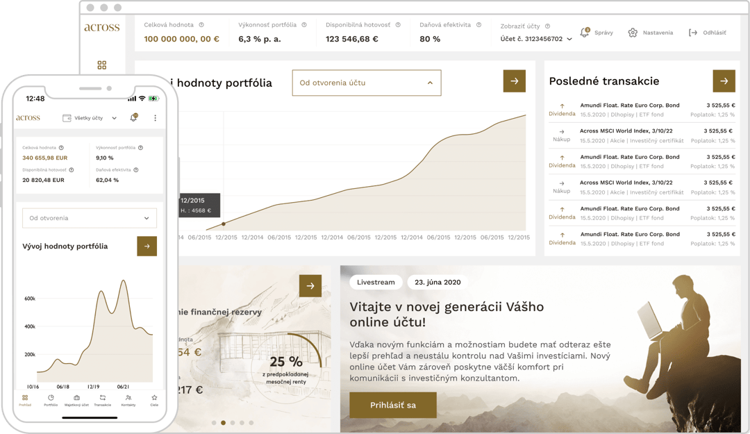 Webový Online účet a mobilná aplikácia Across Connect