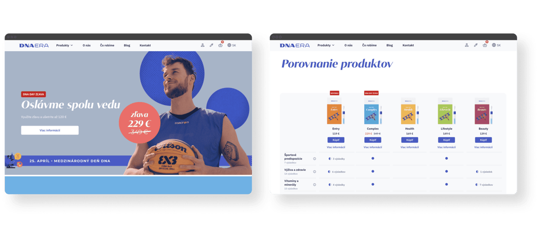 Redizajnovaný e-shop DNA ERA — hlavná stránka a porovnanie produktov