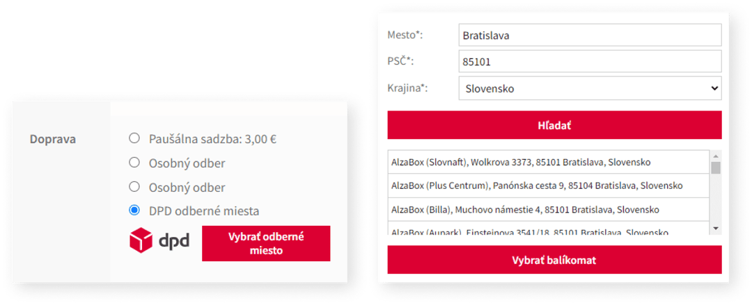 Výber dopravy v košíku s možnosťou DPD odberné miesta a vyhľadávanie balíkomatov podľa mesta a PSČ