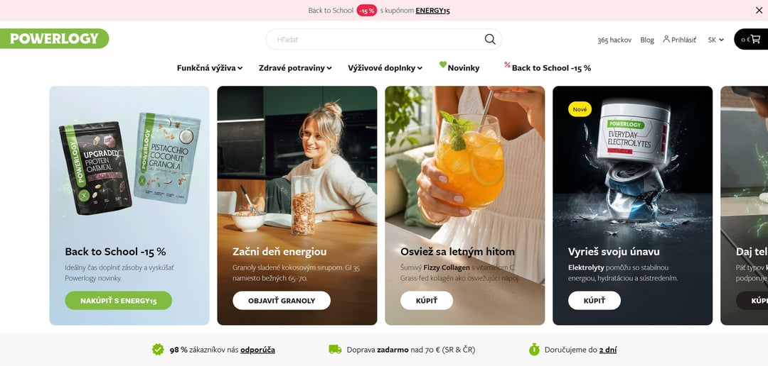 Úvodná stránka powerlogy.com dnes — karty s aktuálnymi kampaňami a produktovými kategóriami
