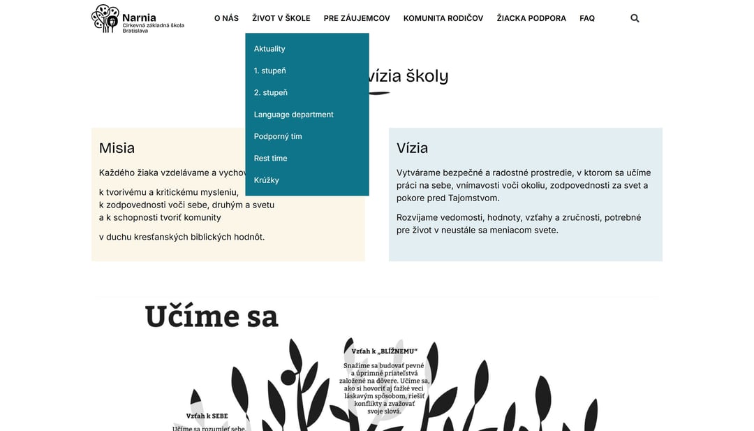 Stránka Misia a vízia školy s rozbalenou sekciou Život v škole v hlavnom menu