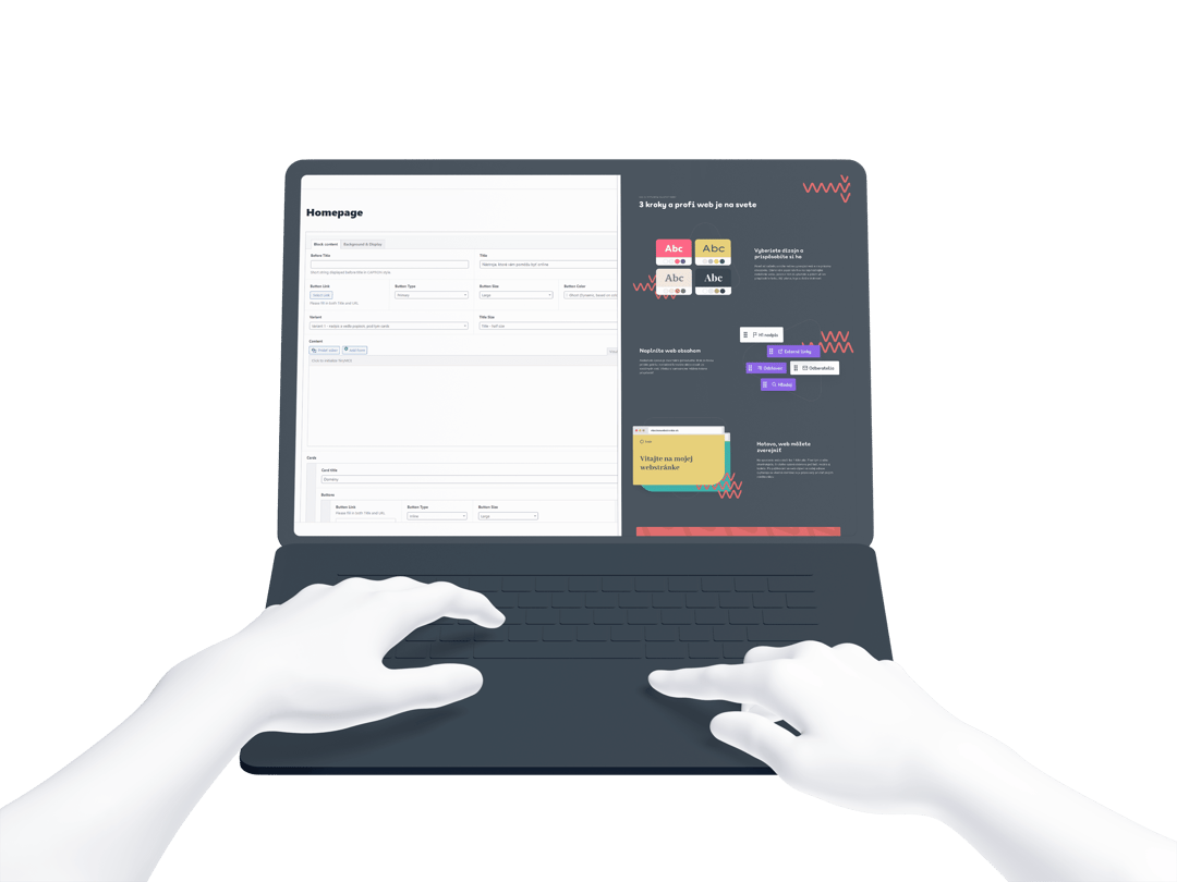 Administrácia WordPressu s vlastnými blokmi vedľa výslednej stránky webu Websupport