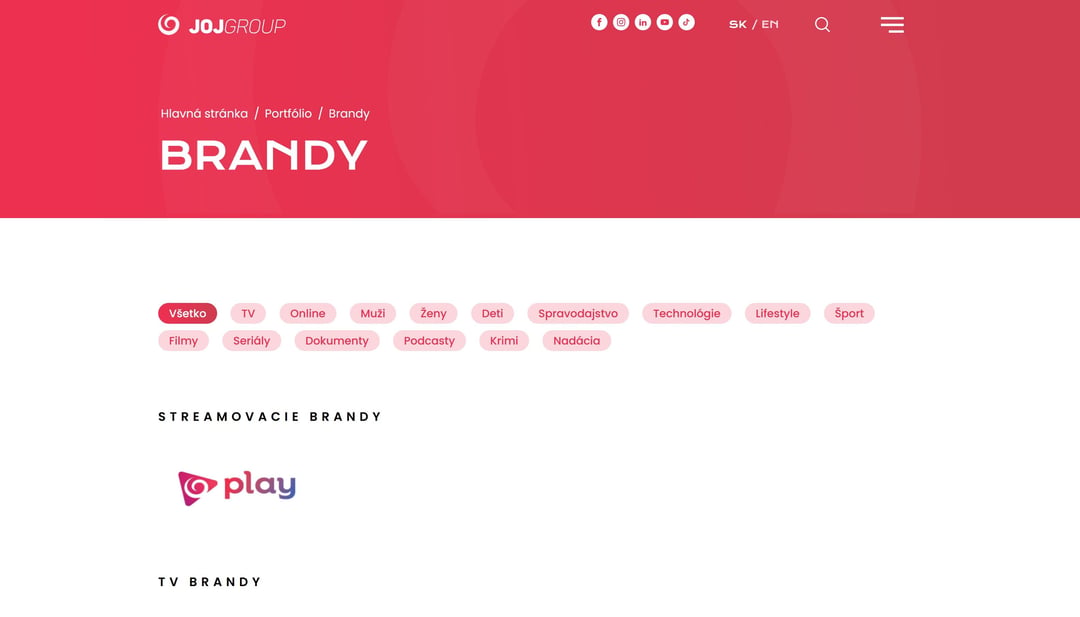 Stránka Brandy na webe JOJ Group — filtre podľa typu značky a zoznam brandov po skupinách
