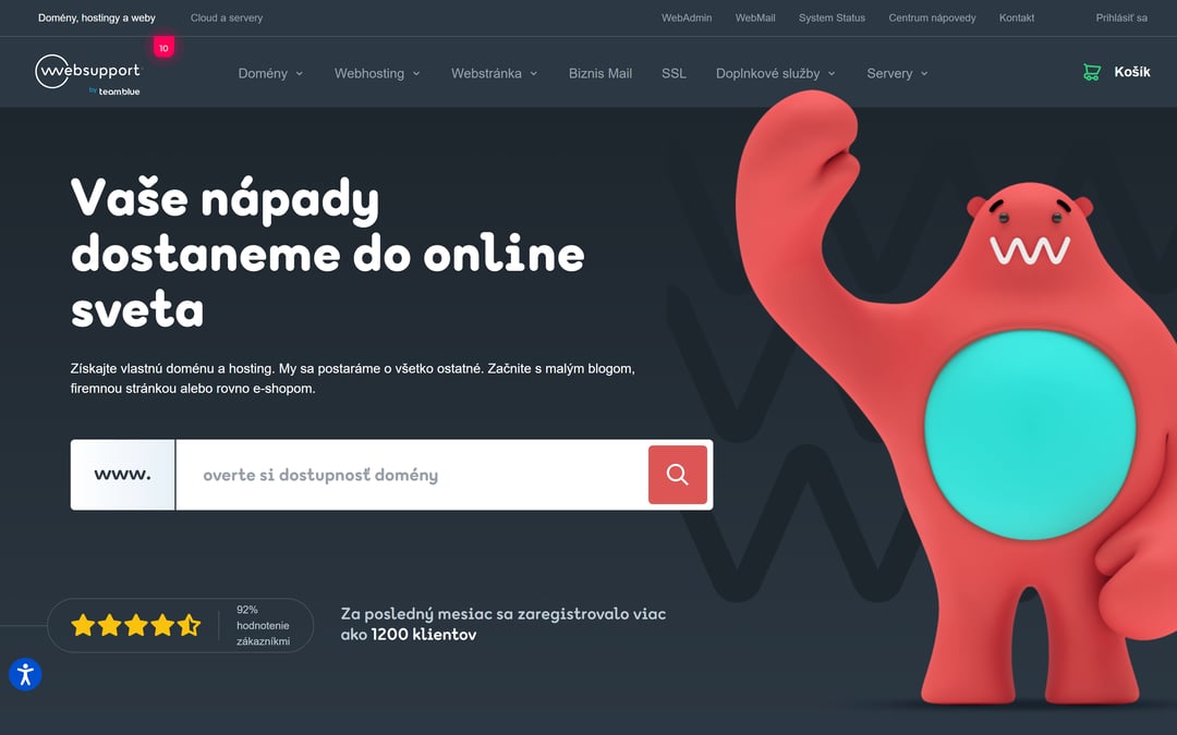 Úvodná stránka websupport.sk dnes — tmavý hero s maskotom a vyhľadávaním domény