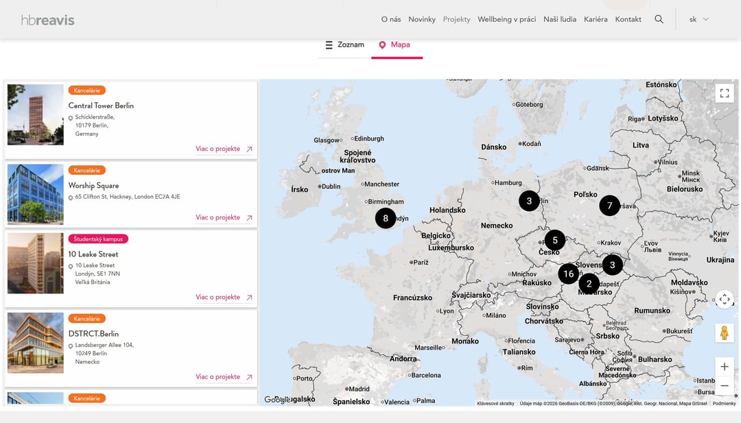 Výpis projektov hbreavis.com v zobrazení Mapa — zoznam projektov vľavo a mapa Európy so zoskupenými bodmi vpravo