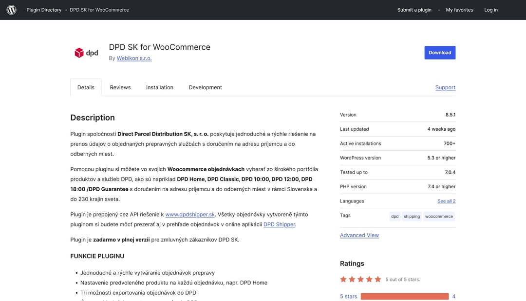Stránka pluginu DPD SK for WooCommerce na WordPress.org — autor Webikon, verzia 8.5.1, 700+ aktívnych inštalácií a hodnotenie 5 z 5