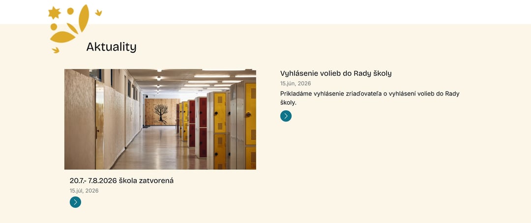 Sekcia Aktuality na webe narnia.sk — krémová plocha s ilustráciou a dvoma oznamami školy