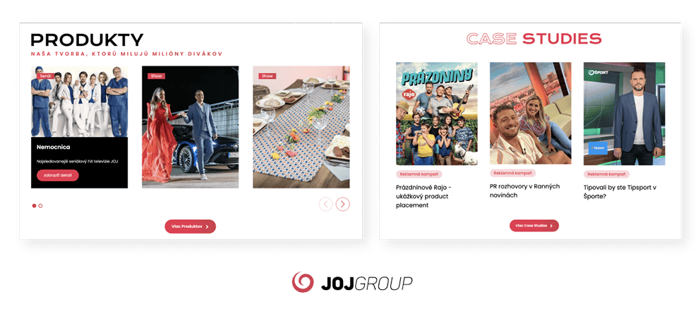 Moduly webu JOJ Group — výpis produktov a prehľad case studies